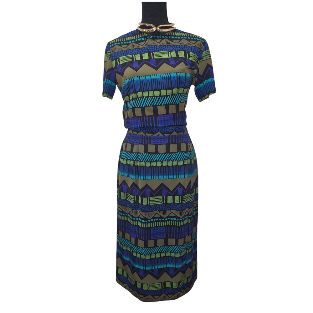 Vintage Joan Leslie Two Piece Set Geometric Wrap Skirt Short Sleeve Top Blue 8P